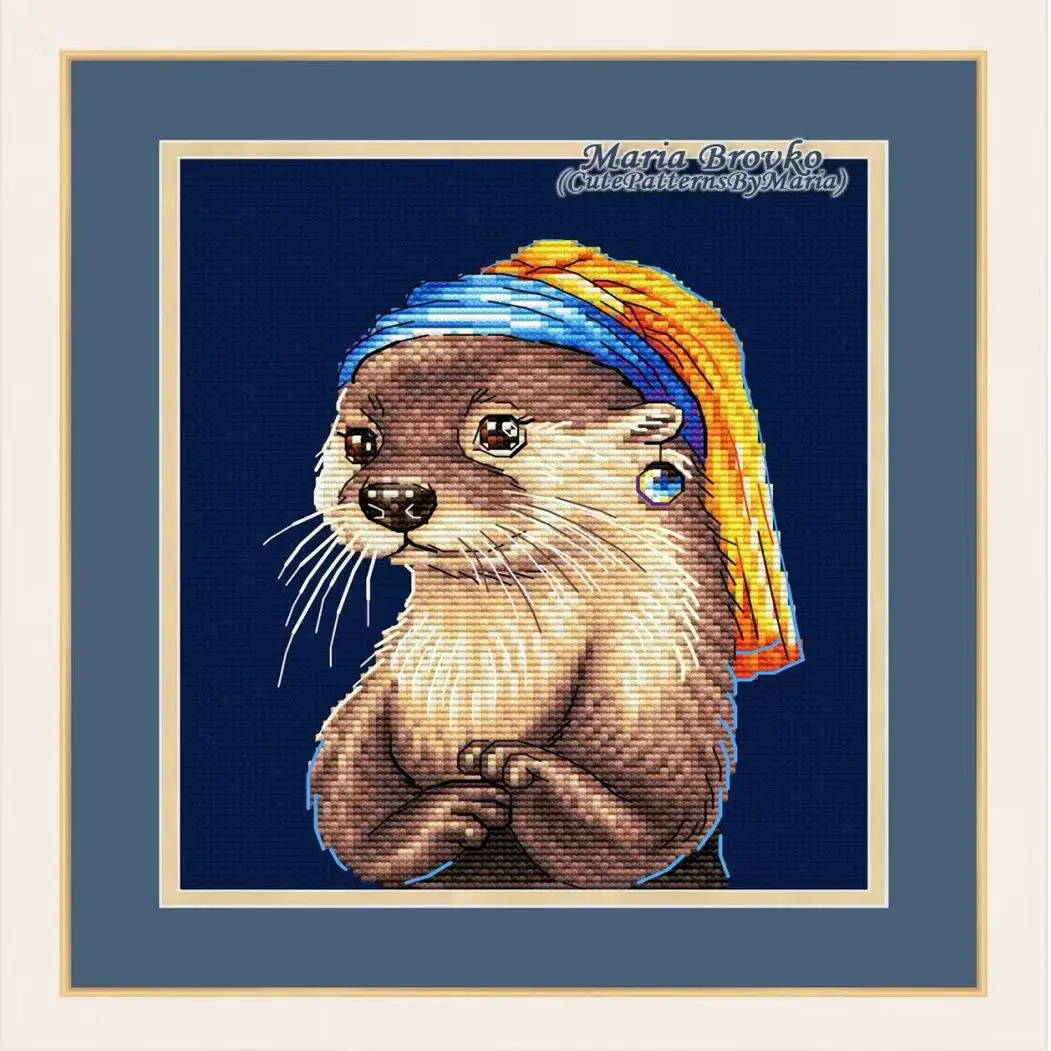 Cross Stitch Stamped Kits Beginners - [CC4223-真珠のイヤリングをつけたカワウソ] 初心者向けのDIYクロスステッチキット、11CT、14CT、16CTのプリントキャンバス、刺繍用具一式