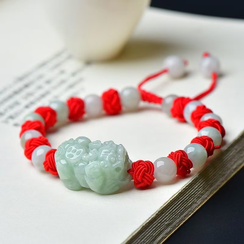 Beading - 天然ビルマ翡翠貔貅ブレスレットファッションアクセサリー本物の翡翠チャームビーズバングルジュエリーお守り高級ギフト女性のための