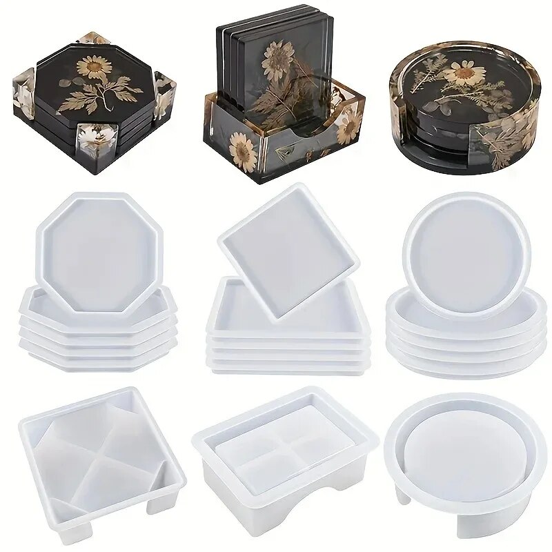 Silicone Epoxy Resin Molds Set - コースター樹脂モールドセットには、コースター収納ボックスモールド1個、エポキシ樹脂用シリコーン樹脂コースターモールド4個が含まれます。