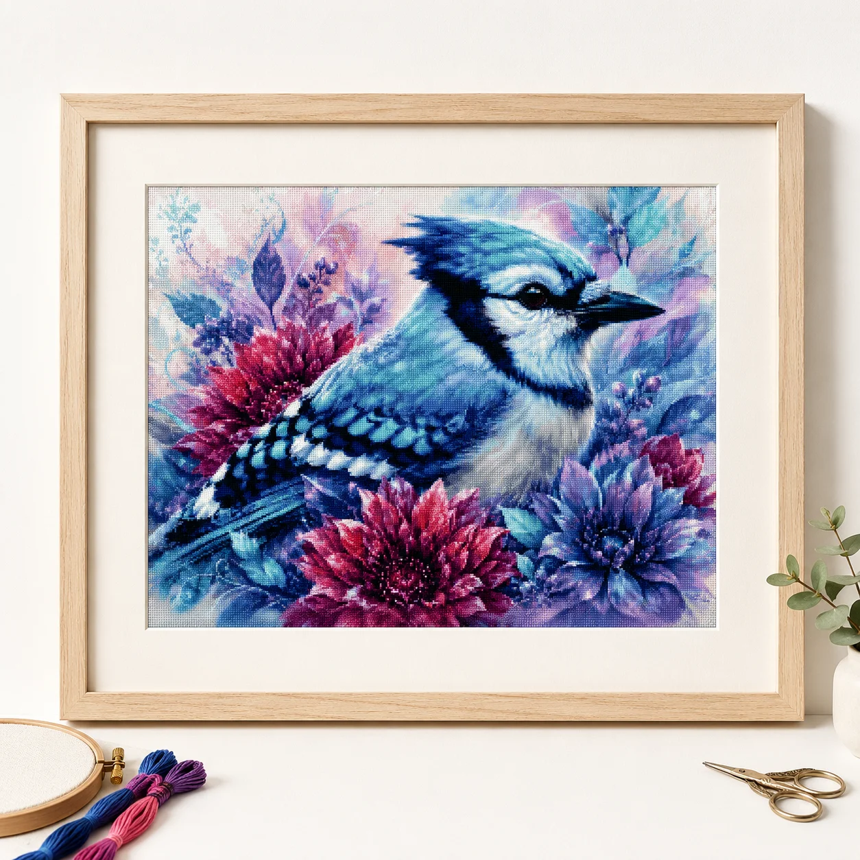 Cross Stitch Stamped Kits Beginners - [ZZ8680-ブルージェイ] | 初心者向けDIYクロスステッチキット 11CT 14CT 16CT、プリント済みキャンバス、綿糸、針、刺繍セット、Budge